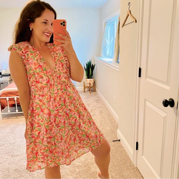 Banjanan Pink Peach Cotton Floral Mini Dress Medium - Picture 1 of 15